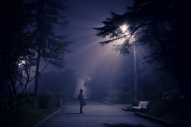 Photo of a person standing on a darkened street or footpath, flanked by trees, facing a park bench and staring up at a glowing street lamp.
