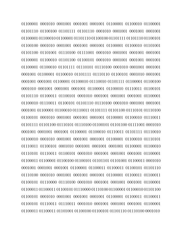 Photo of a letter sized paged featuring binary code. 