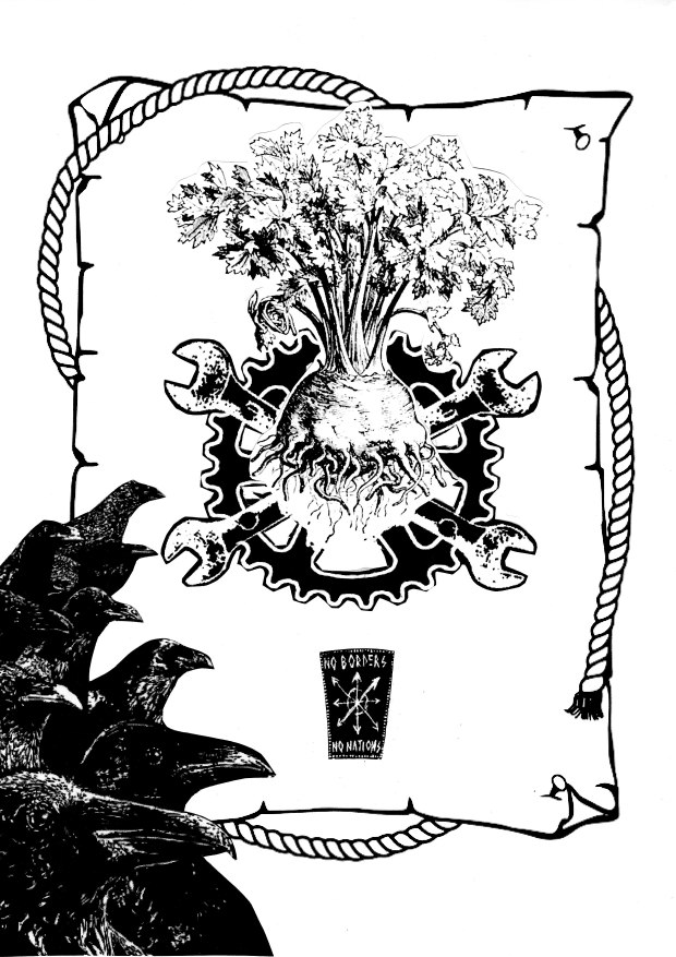 Image of a radish surrounded by rope and crows at the bottom of the image, with a compass and the text 'no borders, no nations'