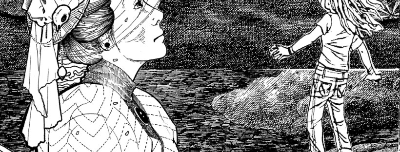 Image of a person holding another smaller person in the palm of their hand, as the waves move below them and the clouds above them are grey.