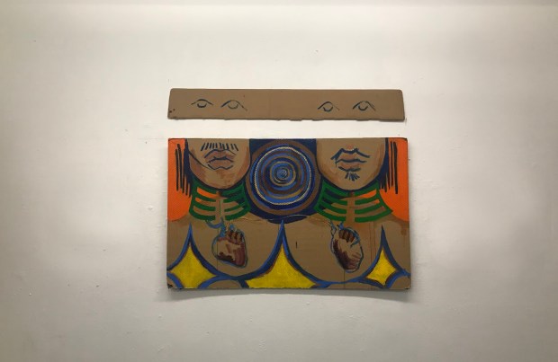 A painting featuring two brown people side by side, joined together, with partial facial hair.