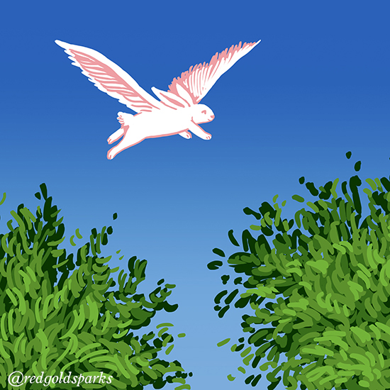 Colour illustration of a rabbit with wings flying above trees.