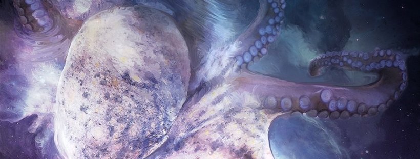 Blue and purple image of an octopus floating in space
