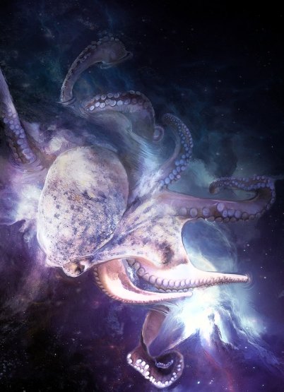Blue and purple image of an octopus floating in space