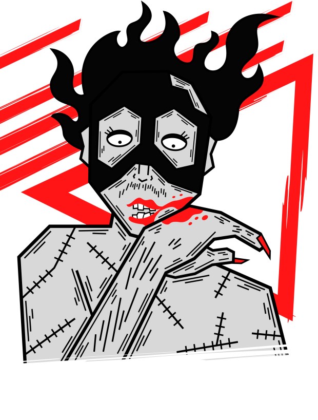 Illustration of a person wearing a black mask around their eyes, black flowing hair, their body etched with scars as they wipe lipstick from their lips with a red manicured hand.