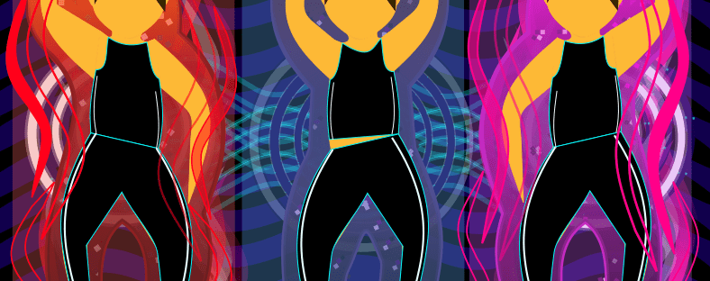 Digital/visual art inspired by the anime Sailor Moon and the Sailor Guardian's transformation sequences, including three people in black clothing with bright colours behind them.