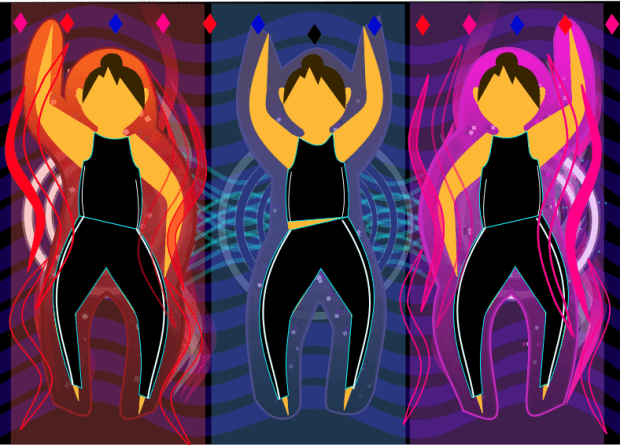 Digital/visual art inspired by the anime Sailor Moon and the Sailor Guardian's transformation sequences, including three people in black clothing with bright colours behind them.