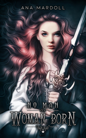 cover of the book No Man of Woman Born, featuring a pink/red headed white person clutching a sword