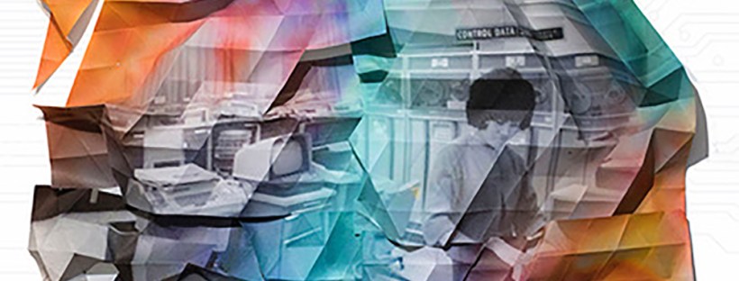 Front cover of a book titled The Cyborg Anthology by Lindsay B-E with a crumpled rainbow image of a person working in a computer lab