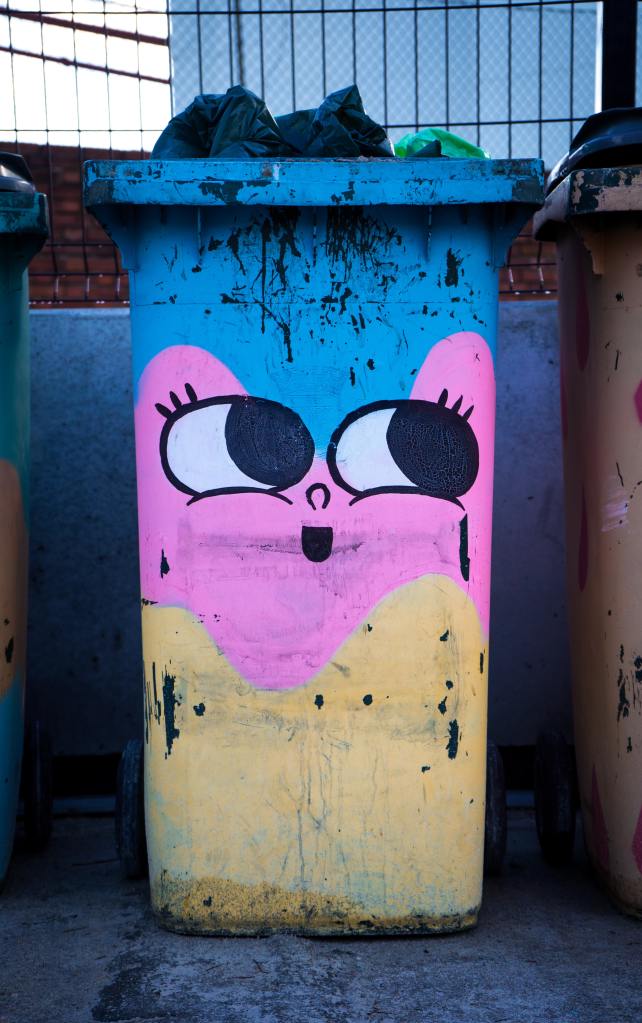 Photo of a wheelie bin/rubbish bin painted in blue, pink and yellow with a face with wide eyes and eyelashes.