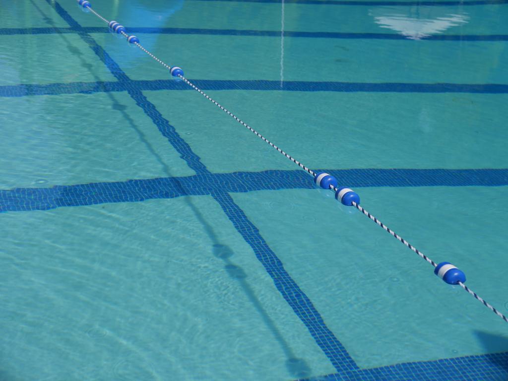 Photo of a blue chlorine swimming pool with blue lap lanes.