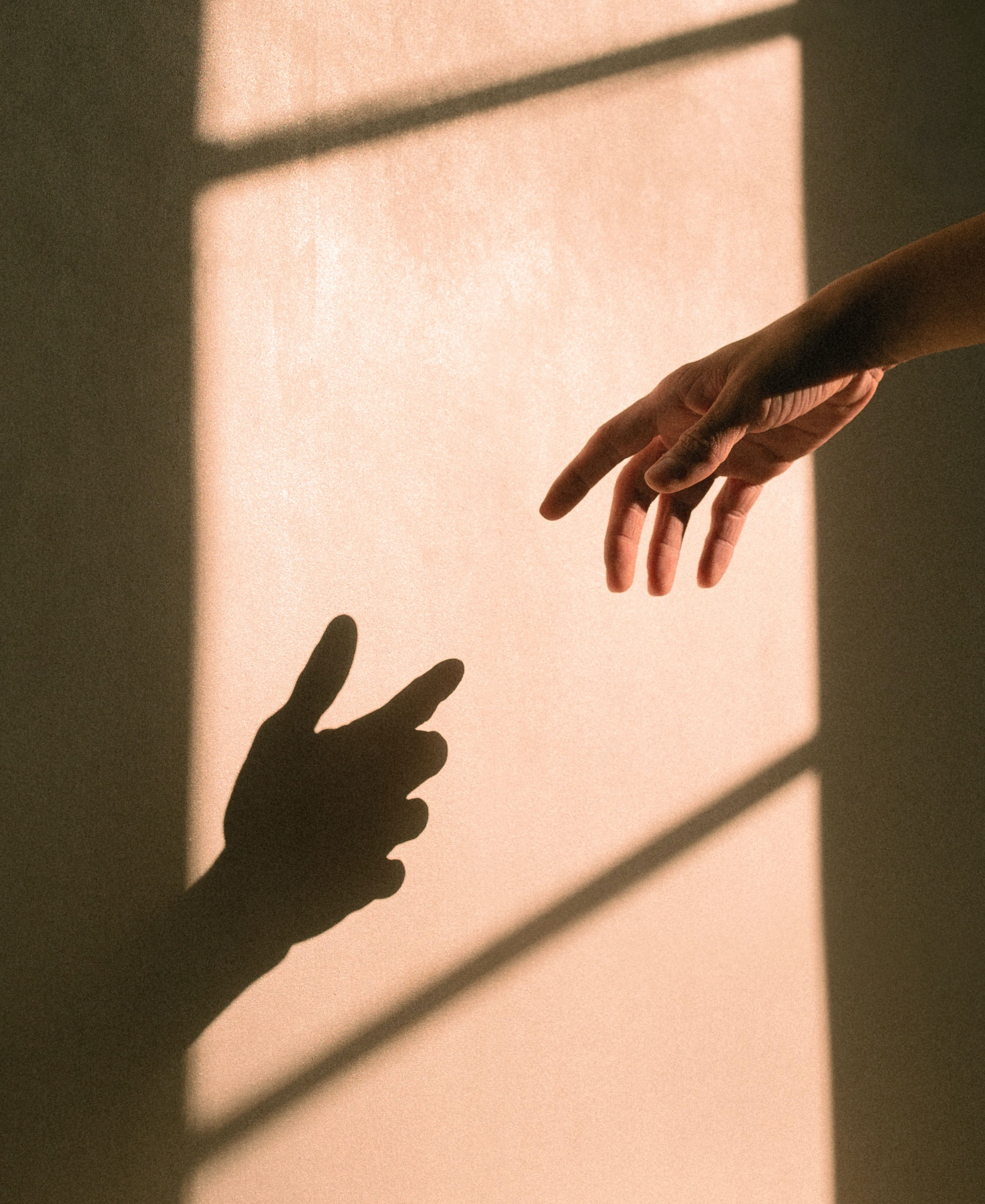 Photo of a hand in front of a sunlight wall, seemingly reaching for the shadowed hand their fleshy hand casts.