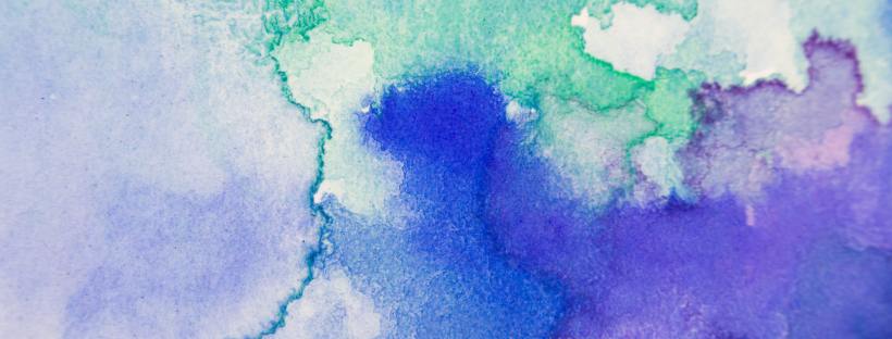 Watercolour painting with blue, purple, green and pink colours
