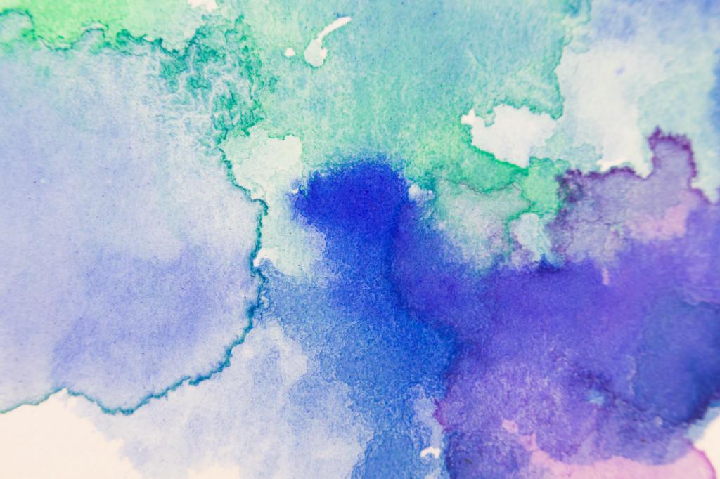 Watercolour painting with blue, purple, green and pink colours