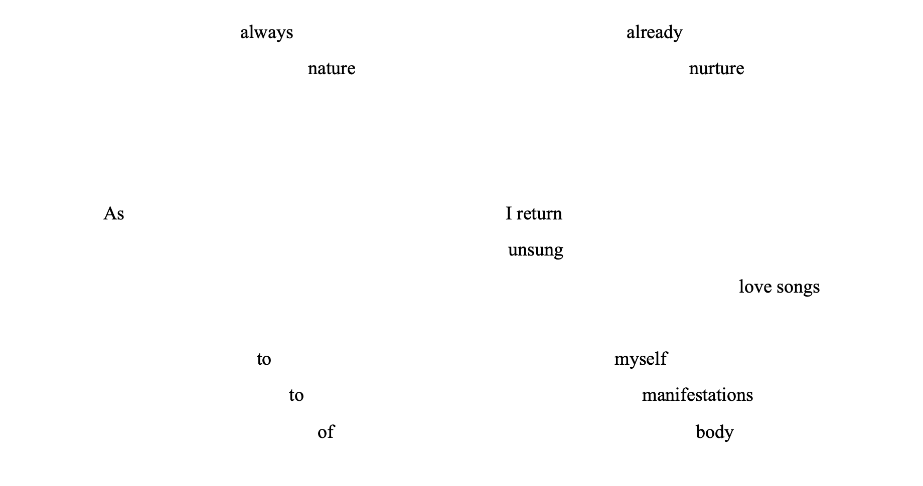 Text reading: 'always ready nature nurture / As I return unsung love songs to myself to manifestations of body'