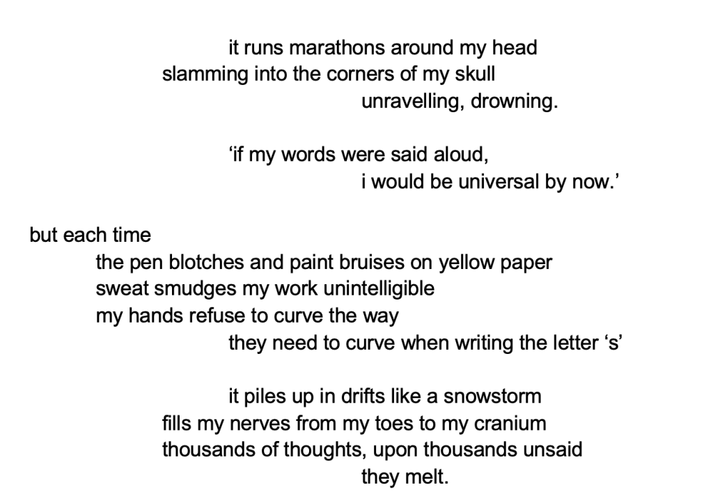 A screen shot with text reading: 
it runs marathons around my head
slamming into the corners of my skull
	unravelling, drowning.

			‘if my words were said aloud,
					i would be universal by now.’

but each time
	the pen blotches and paint bruises on yellow paper
	sweat smudges my work unintelligible
	my hands refuse to curve the way
			they need to curve when writing the letter ‘s’

			it piles up in drifts like a snowstorm
		fills my nerves from my toes to my cranium
		thousands of thoughts, upon thousands unsaid
					they melt.
