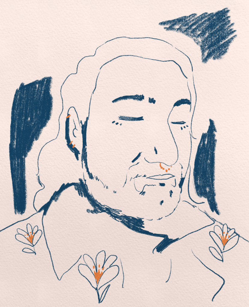 Blue and yellow sketch of a person with a beard, long hair and piercings, with flowers around their shoulders.
