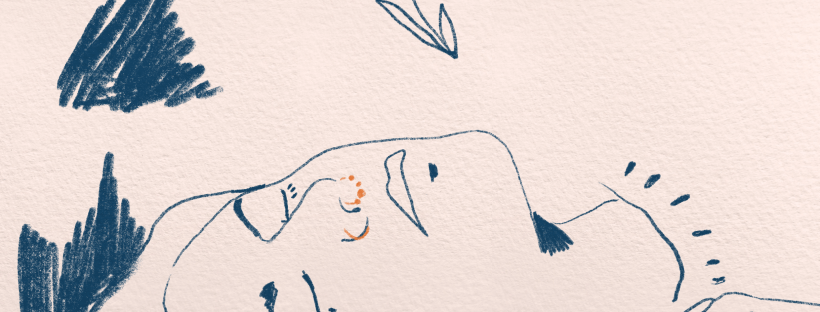 Blue and yellow sketch of a person's head laying on the side, with a flower floating above their face.