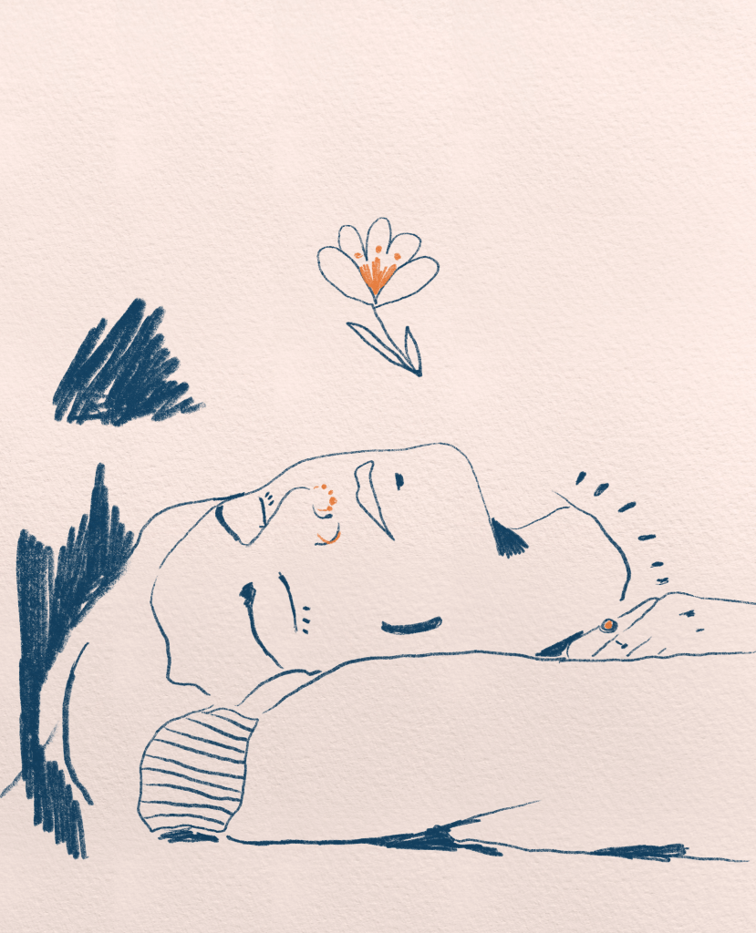Blue and yellow sketch of a person's head laying on the side, with a flower floating above their face.