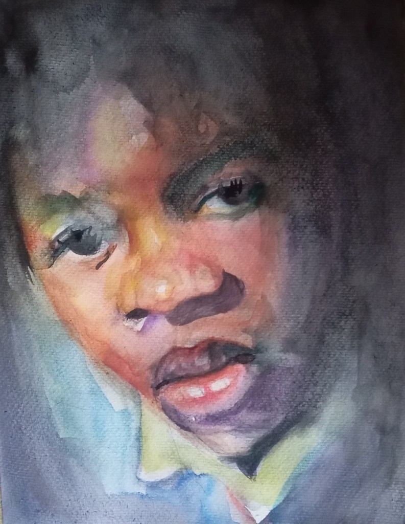 A watercolour portrait of a young person with dark skin, depicted in soft, layered brushstrokes. Hues of purple, pink, and ochre blend across the face, framed by a dark background.