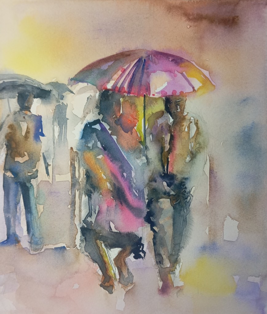 An abstract watercolour street scene featuring several figures under umbrellas. Two central figures share a pink-and-purple umbrella, with others in the background.