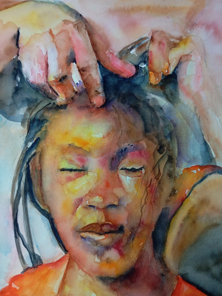 A watercolour painting of a person with closed eyes. Two hands gently part the person’s hair. The colours are warm tones of orange, pink, yellow, and brown.
