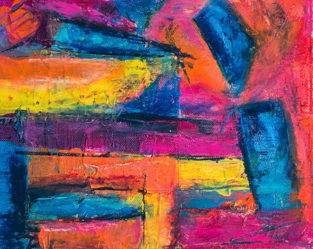 An abstract artwork featuring vibrant, textured brushstrokes in neon pinks, oranges, blues, yellows, and purples.