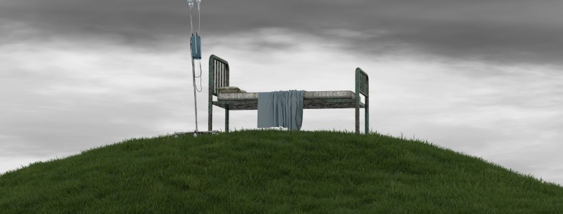 Image of a hospital bed and IV sitting atop a grassy green mountain with a cloudy grey sky.