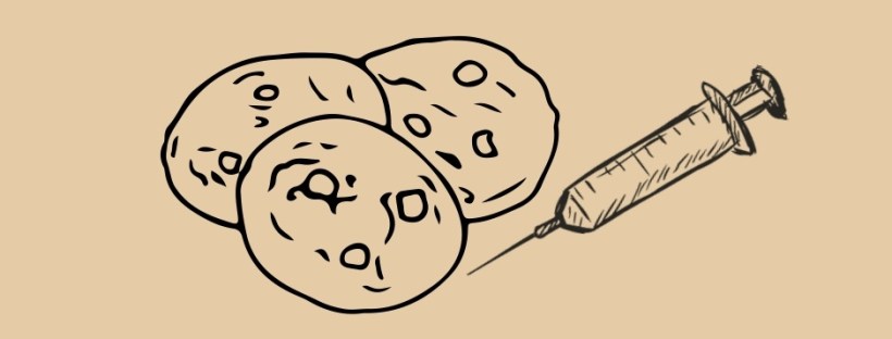 a sketched image of cookies with a testosterone injection beside them