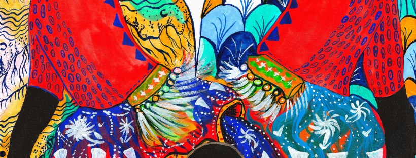 Bright hand drawn artwork featuring two people in the act of dancing, their layered colourful skirts flowing, with mountain ranges and trees in the background.