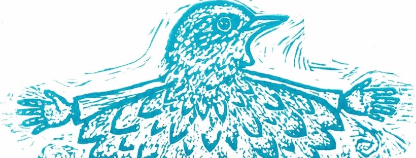 A light blue stamped image of a bird-person with bird head and neck plumage, human arms and legs.