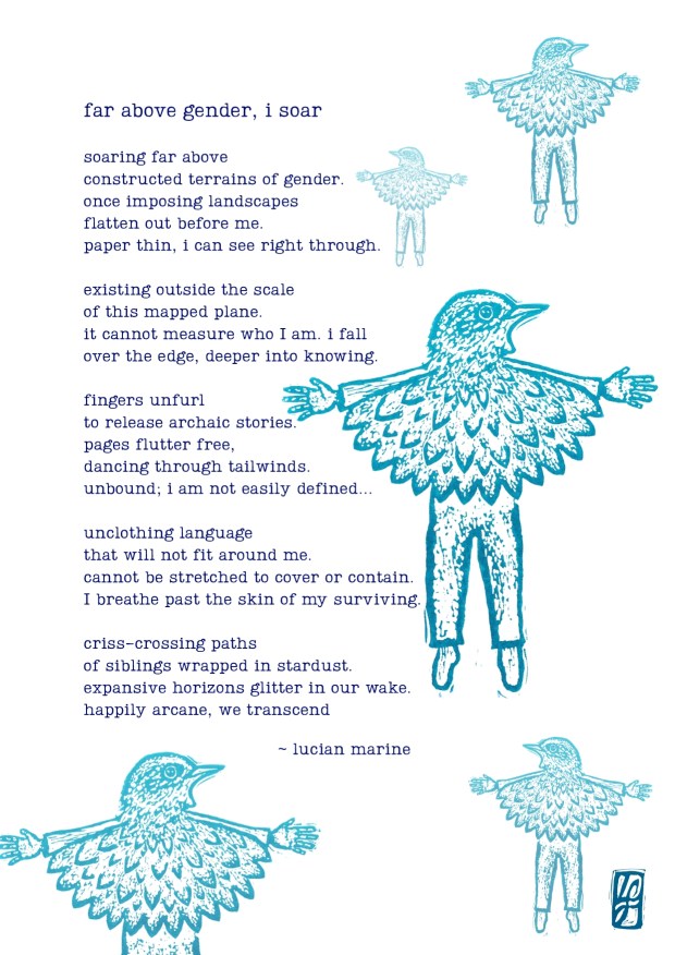 Dark blue text of a poem on a white background, surrounded by stamped images of blue bird-people with bird heads and necks, human arms and legs. The poem text reads, ‘soaring far above / constructed terrains of gender. / once imposing landscapes / flatten out before me. / paper thin, i can see right through. / existing outside the scale / of this mapped plane. / it cannot measure who I am. i fall / over the edge, deeper into knowing. / fingers unfurl / to release archaic stories / pages flutter free, / dancing through tailwinds. / unbound; i am not easily defined … / unclothing language / that will not fit around me. / cannot be stretched to cover or contain. / I breathe past the skin of my surviving. / criss-crossing paths / of siblings wrapped in stardust. / expansive horizons glitter in our wake. / happily arcane, we transcend. - lucian marine.’