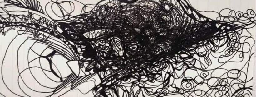 Artwork of chaotic swirls and lines drawn in black pen.