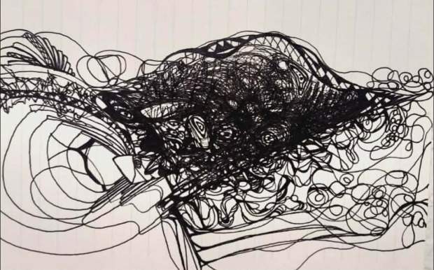 Artwork of chaotic swirls and lines drawn in black pen.