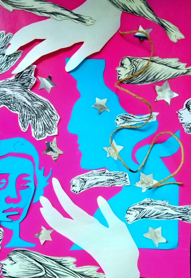 Collage featuring sketched faces on fish bodies, silver stars, cut-outs of white hands and blue faces, all on a pink background.
