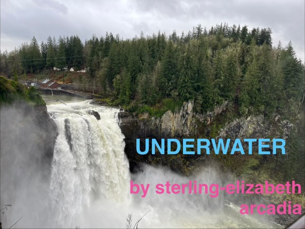 Photo of a waterfall rushing over a rocky cliff in a forested landscape under a cloudy grey sky. Mist rises from the falls, with evergreen trees and a few houses visible in the background. Large blue text reads ‘UNDERWATER,’ with pink text below reading ‘by sterling-elizabeth arcadia.’