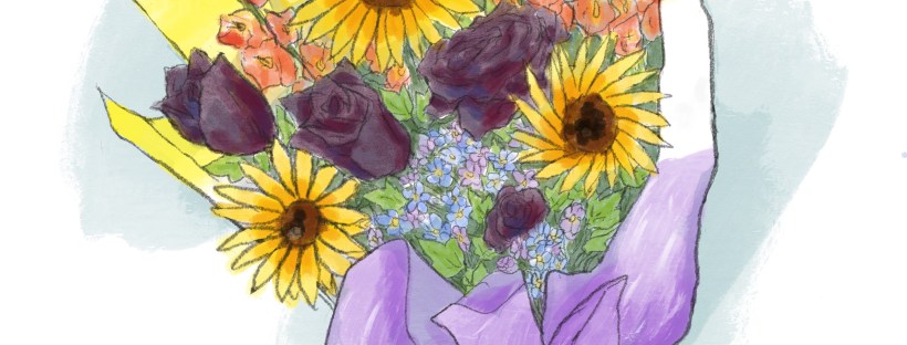 watercolour sketch of flowers including sunflowers, dark red almost purple roses, gladiolus, and forget-me-nots, bunched together in a bouquet sleeve of the non-binary colours.