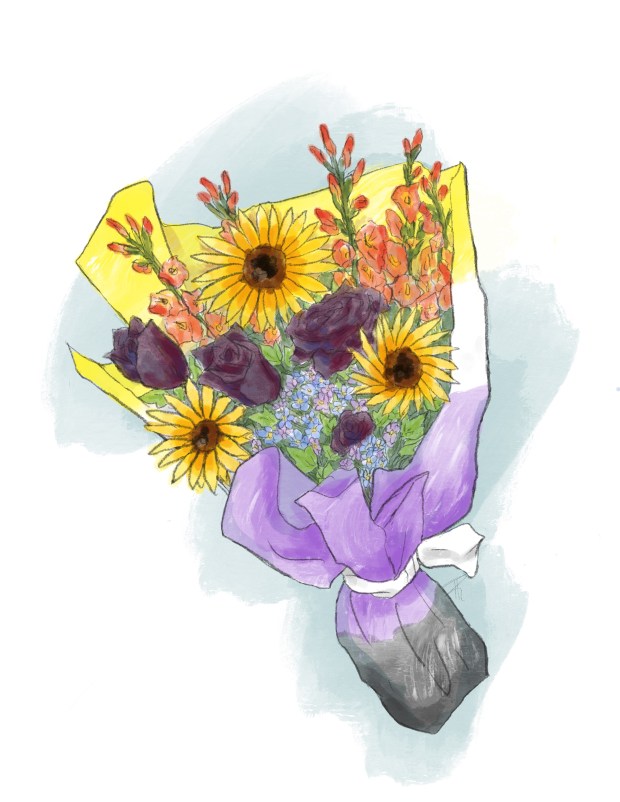 watercolour sketch of flowers including sunflowers, dark red almost purple roses, gladiolus, ivy, and forget-me-nots, bunched together in a bouquet sleeve of the non-binary colours.